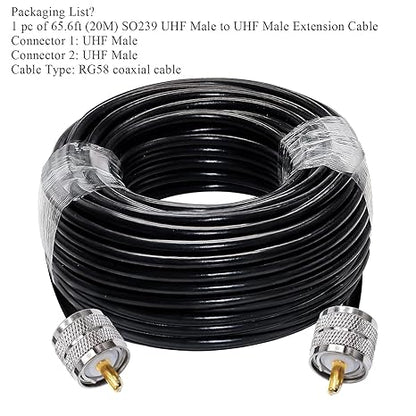 RG58 UHF Male to SMA Male Coaxial Jumper Cable, 20 M (65.6 ft) Low Loss Extension Cable (Pack of 1)