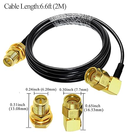 RG58 Coaxial Jumper Cable 6.6ft (2m) | RP-SMA Male to RP-SMA Female Low Loss Extension Cable -Pack -1