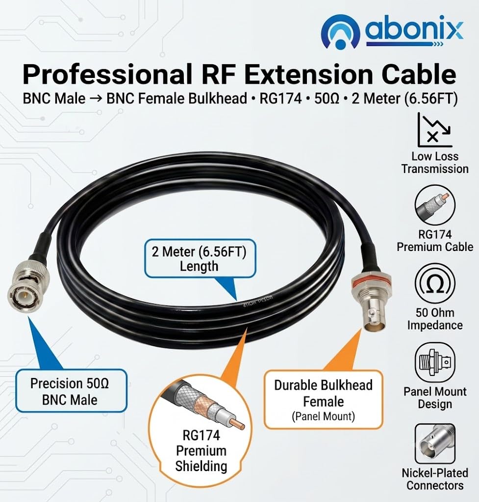 ABONIX BNC Male to BNC Female Bulkhead Cable 2M (6.56FT), RG174 50 Ohm