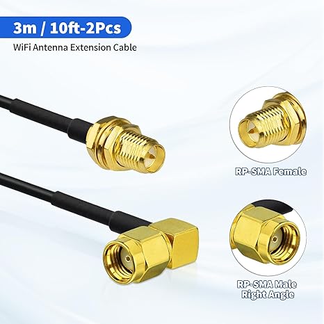 RP-SMA Male Right Angle to RP-SMA Female Low Loss RG174 RF Coaxial Cable 1 Meter (3.28FT) -Pack -1
