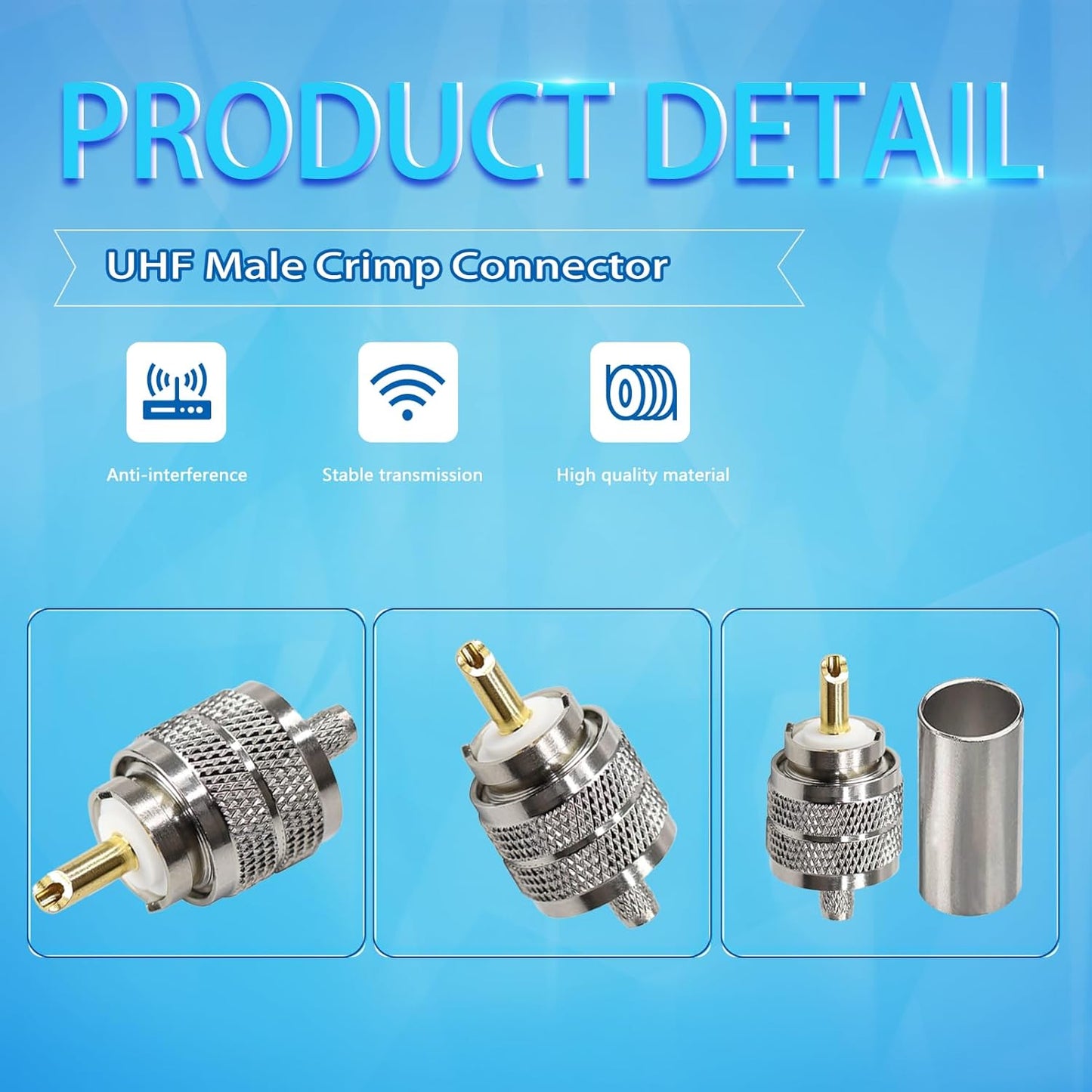 PL-259 UHF Male Plug Crimp Coax Connector Adapter for RG58 LMR195 RG142 KSR195 RG400 Cable (Pack of 5)