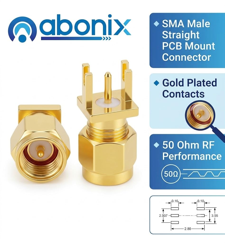 ABONIX SMA Male Straight PCB Mount RF Connector, Gold Plated 50 Ohm- Pack - 2