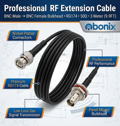 ABONIX BNC Male to BNC Female Bulkhead Cable 3M (9.9FT), RG174 50 Ohm