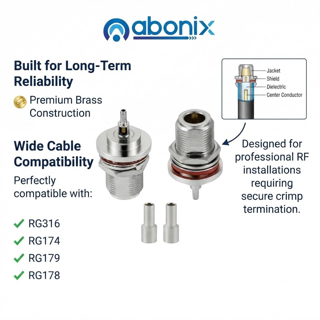 ABONIX N Female Bulkhead Crimp Connector for RG-316/RG-174 Pack- 5