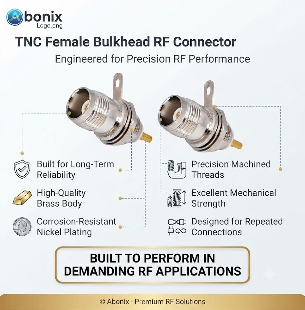 ABONIX TNC Female Bulkhead RF Connector, Solder Panel Mount, 50 Ohm, Pack of 2