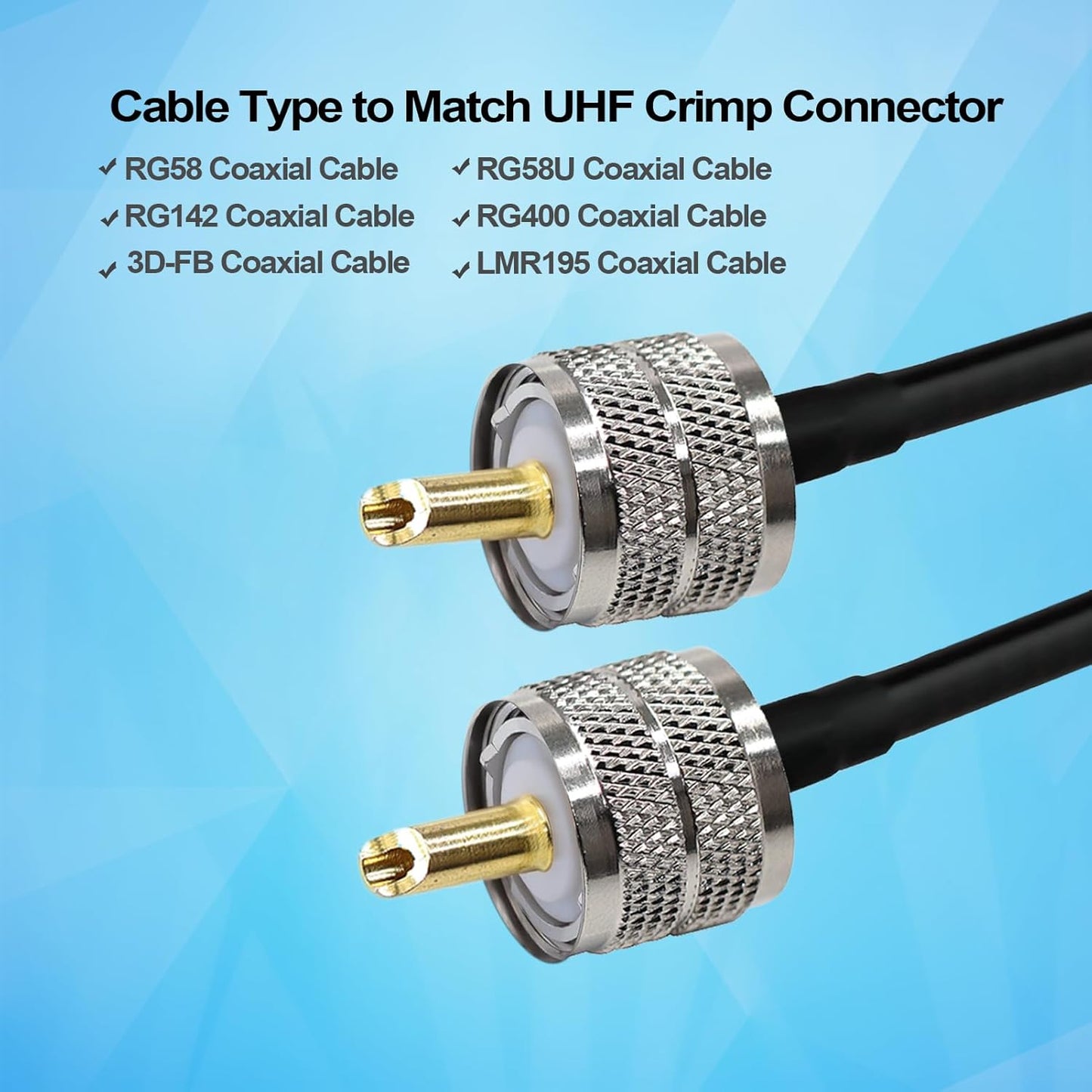 PL-259 UHF Male Plug Crimp Coax Connector Adapter for RG58 LMR195 RG142 KSR195 RG400 Cable (Pack of 5)