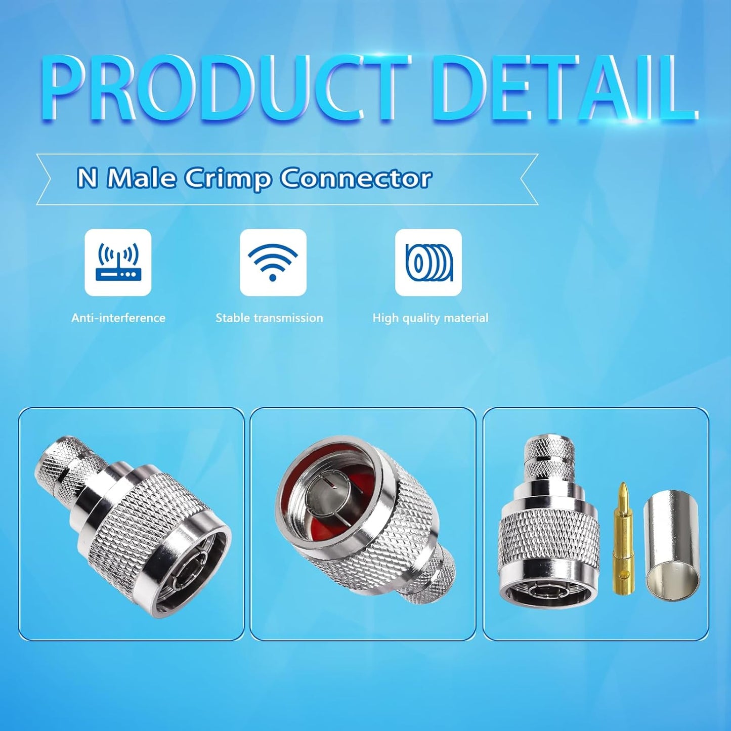 N Male Crimp Connector for Cable HLF-400 and LMR-400 (Pack of 10)