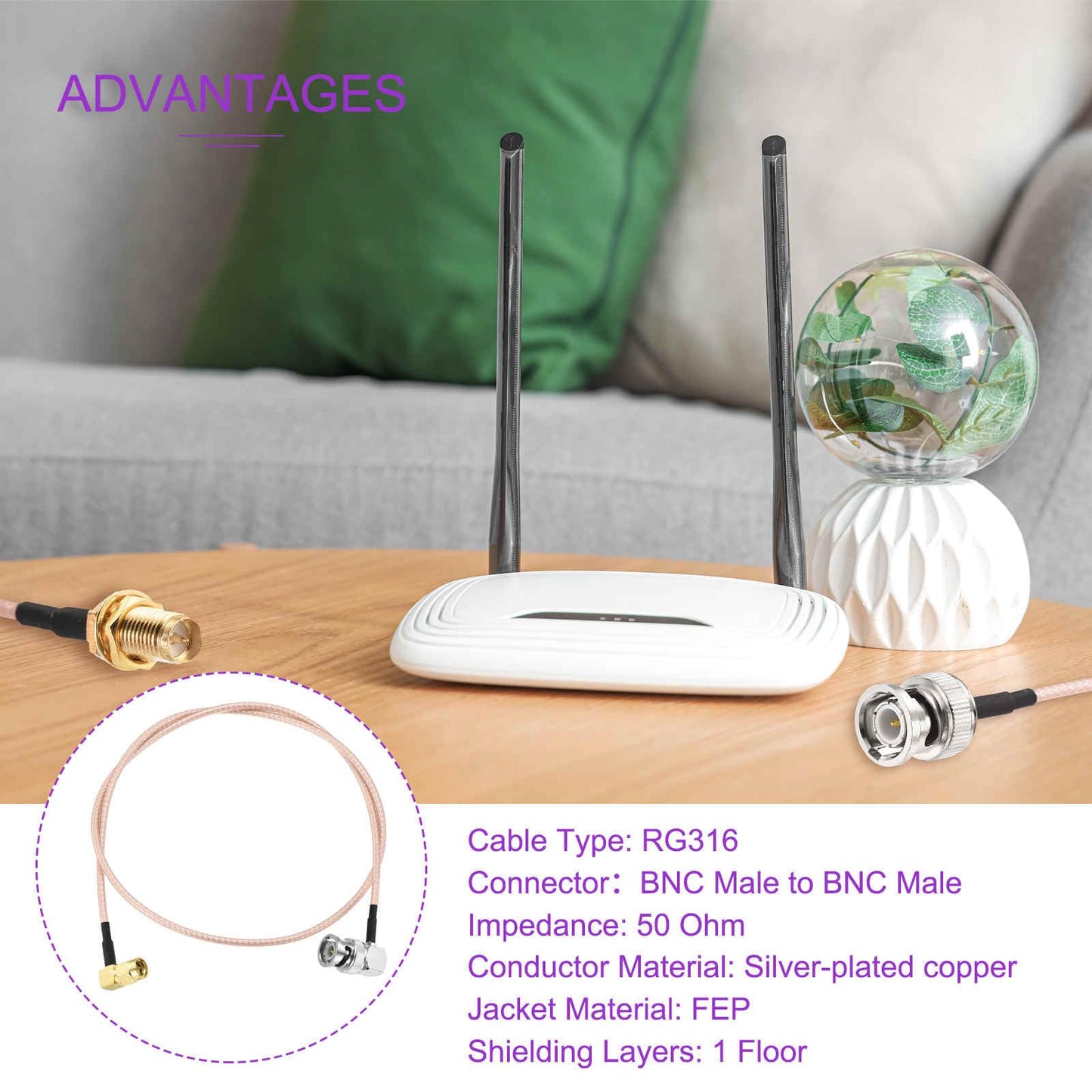 ABONIX RG316 SMA Male 90° to BNC Male 90° Cable 30cm (1FT)