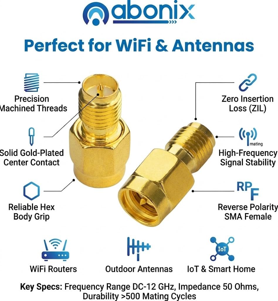 ABONIX SMA Female to RP-SMA Male RF Adapter 50 Ohm Gold Plated- Pack- 2