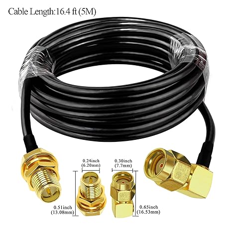 RG58 RP-SMA Male to RP-SMA Female Coaxial Jumper Cable 5M (16.4 ft) Low Loss Extension Cable -Pack -1