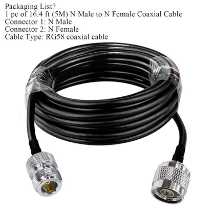RG58 Coaxial Jumper Cable – N Male to N Female Low-Loss RF Extension, 16.4 ft (5 m) -Pack -1