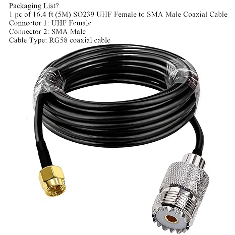 RG58 UHF Female to SMA Male Coaxial Jumper Cable 5M (16.4 ft) Low Loss Extension Cable (Pack of 1)