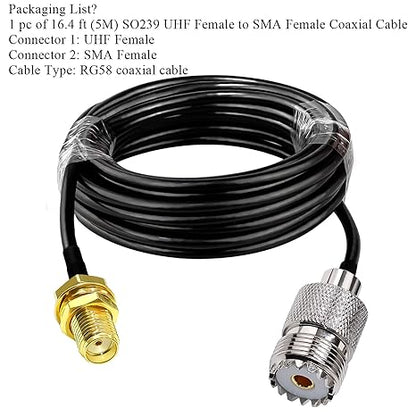 RG58 UHF Female to SMA Female Coaxial Jumper Cable 5M (16.4 ft) Low Loss Extension Cable (Pack of 1)