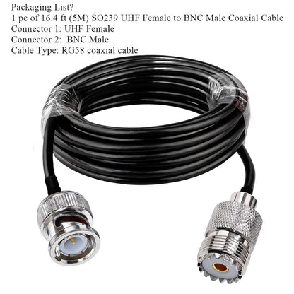BNC Male to UHF Female Jumper Cable Low Loss RG58 Extension Cable 16.4ft(5M)