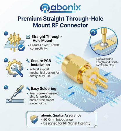 ABONIX SMA Male Straight PCB Mount RF Connector, Gold Plated 50 Ohm- Pack - 2