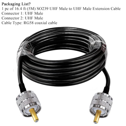 Jumber Cable UHF Male to Male Extension Cable 16.4ft(5M) Low Loss RG58 RF Black Coaxial Cable - Pack - 1
