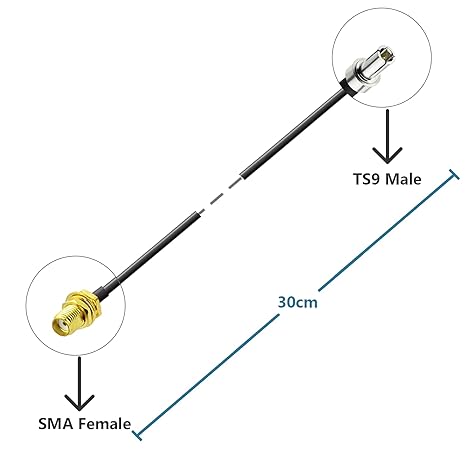 SMA Female to TS9 Male Straight Low Loss RG174 RF Coaxial Antenna Router Extension Cable 30cm (12 Inch)- Pack -1