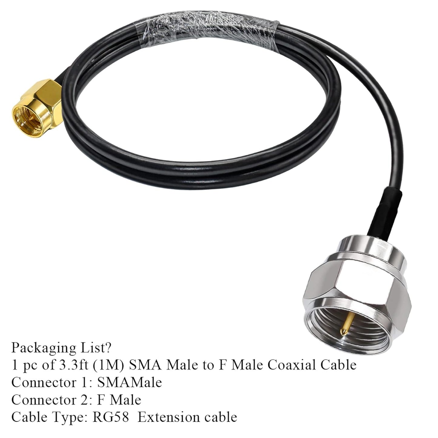 F Type Male Plug to SMA Male RG58 3.3ft(1M) Extension Cable (Pack of 1)