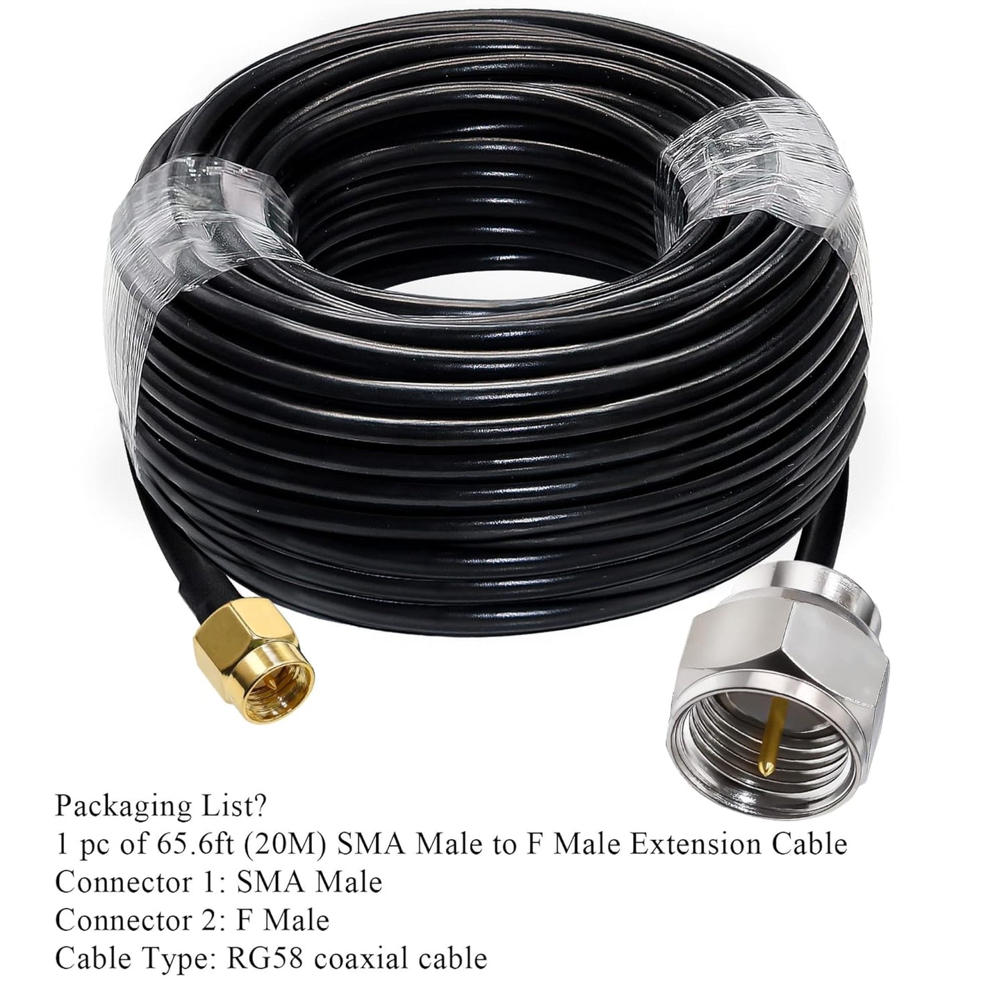 F Type Male Plug to SMA Male RG58 65.6ft(20M) Extension Cable (Pack of 1)
