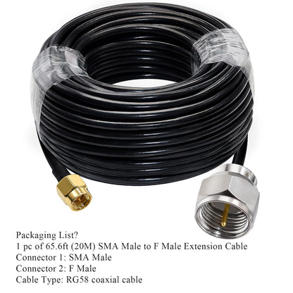 F Type Male Plug to SMA Male RG58 65.6ft(20M) Extension Cable (Pack of 1)