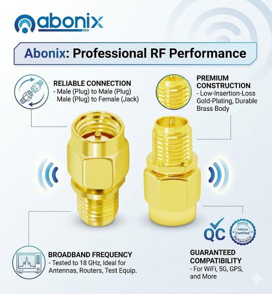 ABONIX SMA Female to RP-SMA Male RF Adapter 50 Ohm Gold Plated- Pack- 2