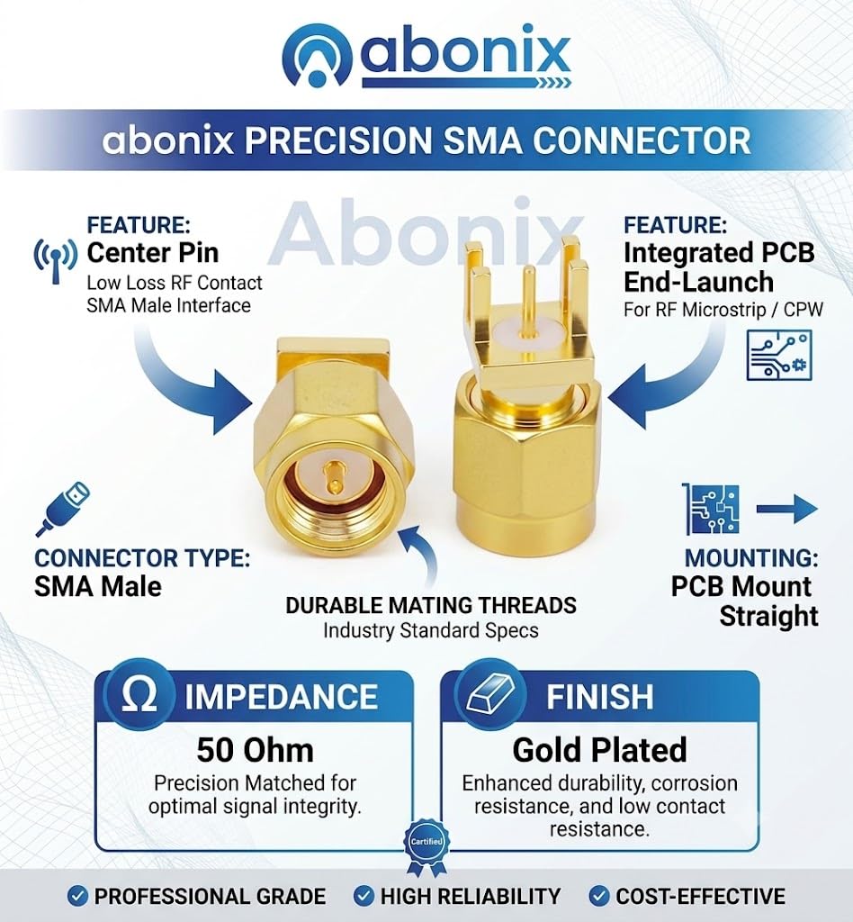 ABONIX SMA Male Straight PCB Mount RF Connector, Gold Plated 50 Ohm- Pack - 2