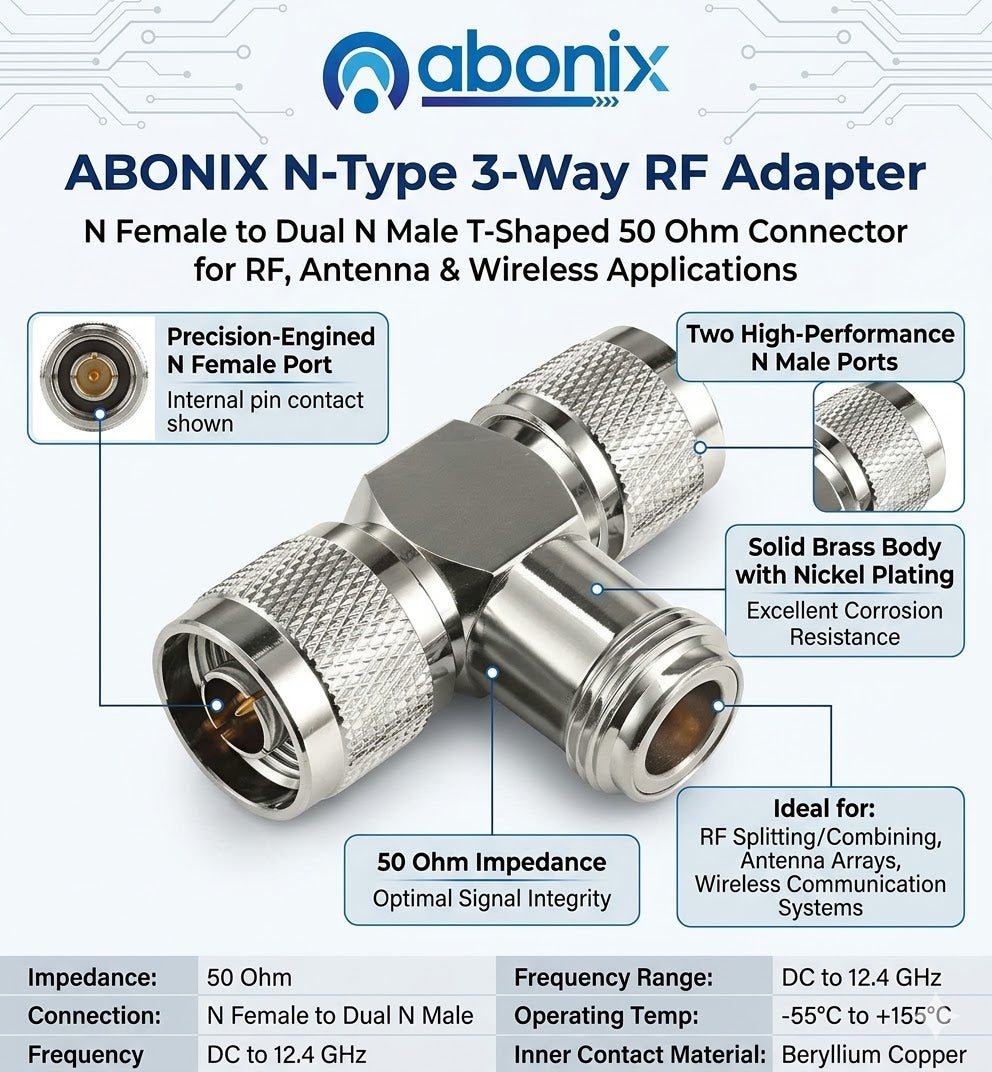 ABONIX N Female to Dual N Male T Adapter, 50 Ohm RF Splitter for Antenna & WiFi- Pack- 1