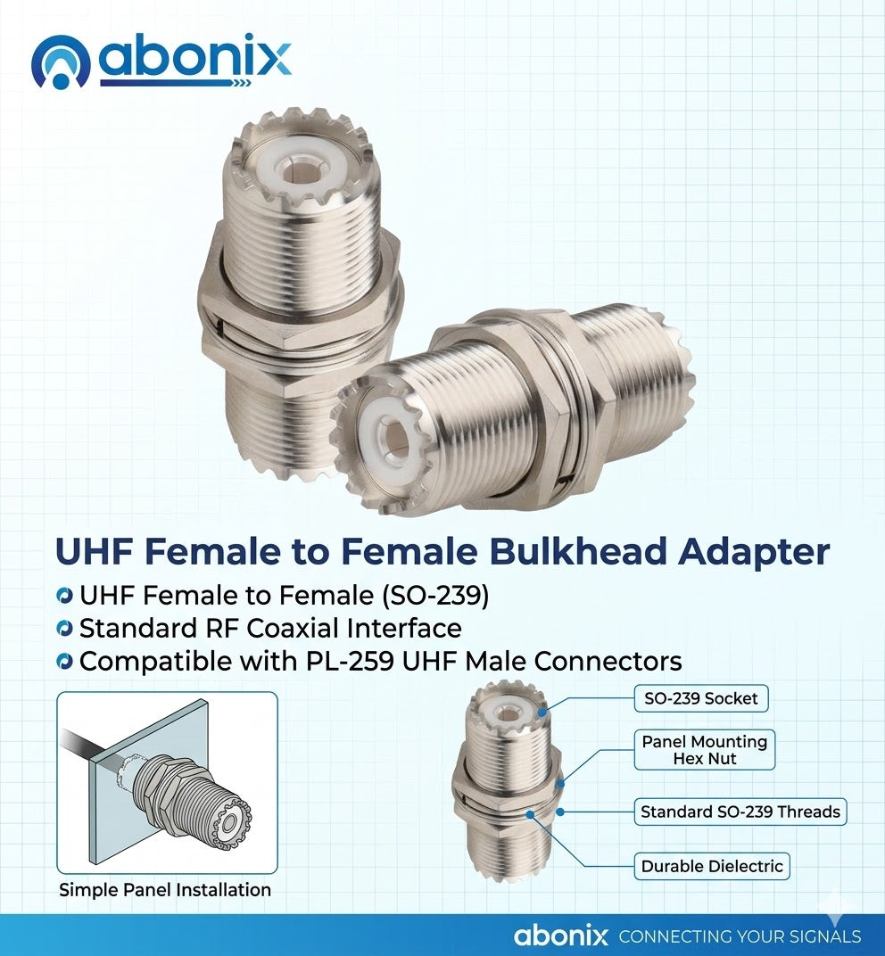 ABONIX UHF Female to Female Panel Mount SO-239 Adapter, RF Coax- Pack- 2