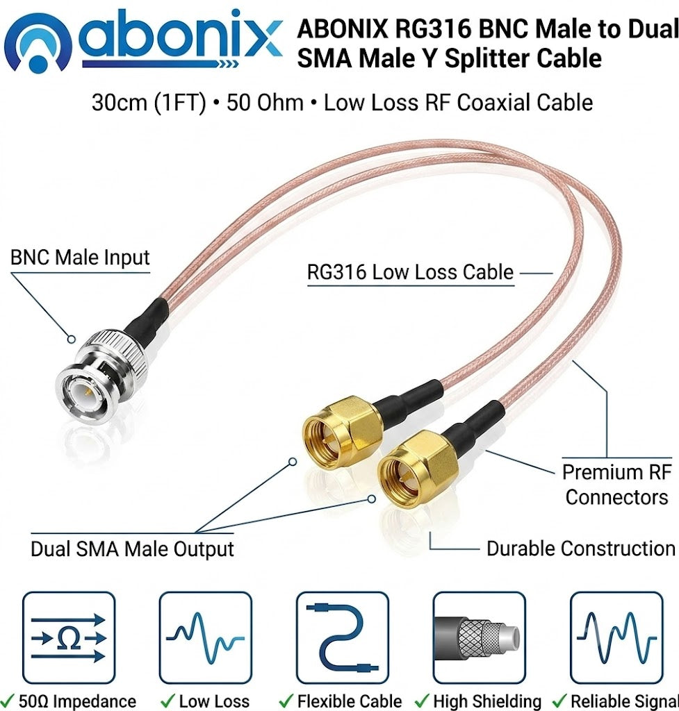 RG316 BNC Male to Dual SMA Male Y Splitter Cable 30cm (1FT)