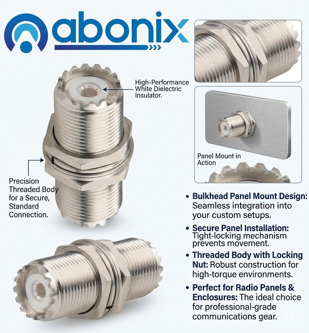 ABONIX UHF Female to Female Panel Mount SO-239 Adapter, RF Coax- Pack- 2