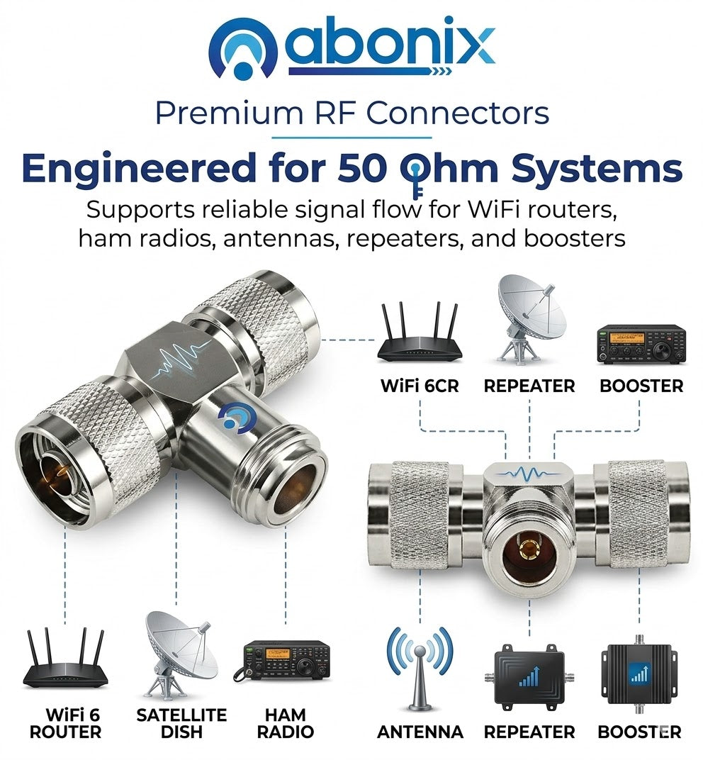 ABONIX N Female to Dual N Male T Adapter, 50 Ohm RF Splitter for Antenna & WiFi- Pack- 1