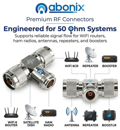 ABONIX N Female to Dual N Male T Adapter, 50 Ohm RF Splitter for Antenna & WiFi- Pack- 1