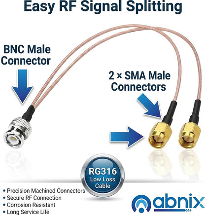 RG316 BNC Male to Dual SMA Male Y Splitter Cable 30cm (1FT)