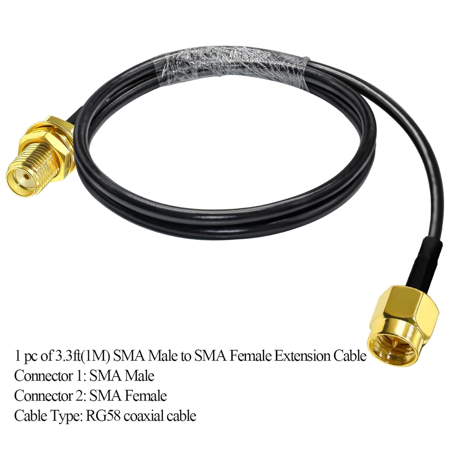 RG58 RP-SMA Male to RP-SMA Female Coaxial Jumper Cable (1 Meter / 3.3ft, Black) -Pack -1