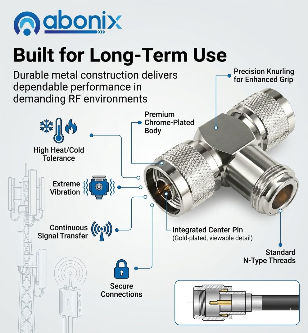 ABONIX N Female to Dual N Male T Adapter, 50 Ohm RF Splitter for Antenna & WiFi- Pack- 1