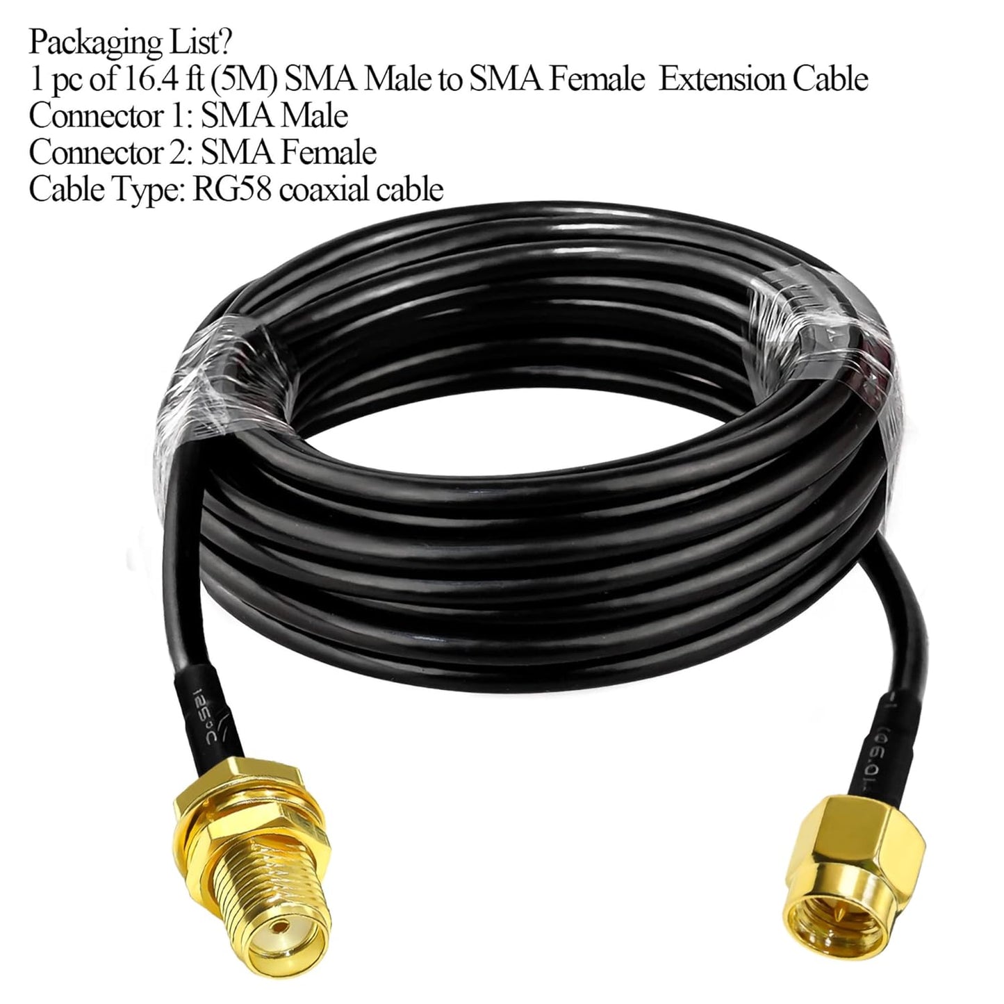 RG58 SMA Jumper Cable – 5M (16.4ft) Low Loss SMA Male to SMA Female Coaxial Extension Cable (Pack o 1)