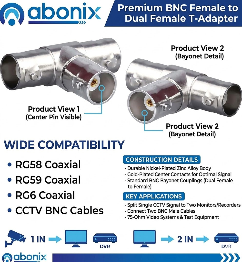 BNC Female to Dual BNC Female 3-Way RF Coaxial Adapter, T Splitter Connector, Pack of 2