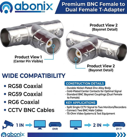 BNC Female to Dual BNC Female 3-Way RF Coaxial Adapter, T Splitter Connector, Pack of 2