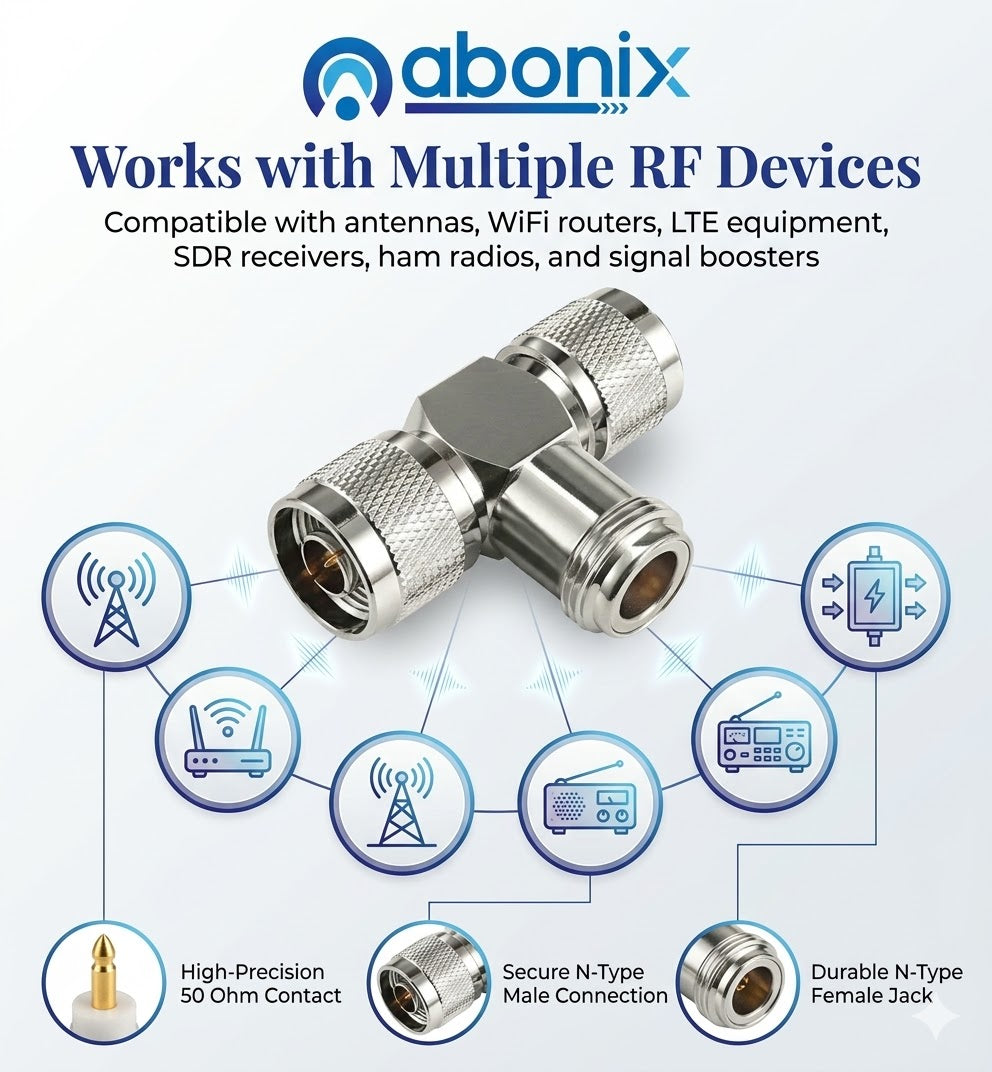 ABONIX N Female to Dual N Male T Adapter, 50 Ohm RF Splitter for Antenna & WiFi- Pack- 1