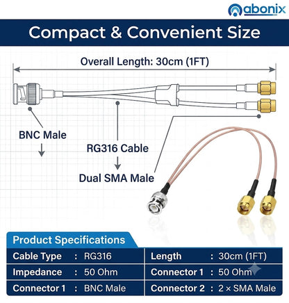 RG316 BNC Male to Dual SMA Male Y Splitter Cable 30cm (1FT)