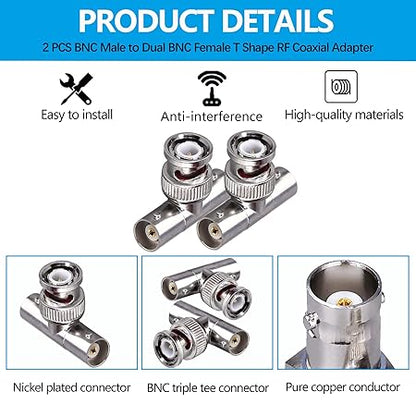 BNC Tee Adapter BNC Male to Dual BNC Female RF Coaxial Adapter - Pack - 2
