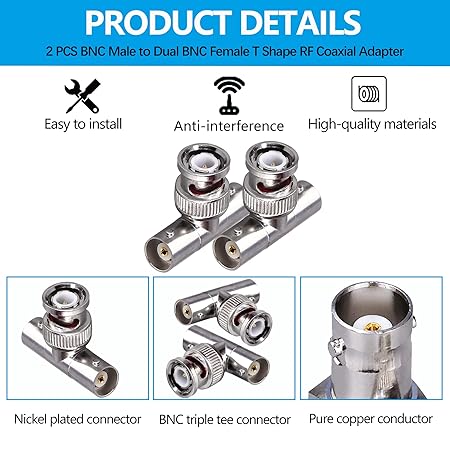 BNC Tee Adapter BNC Male to Dual BNC Female RF Coaxial Adapter - Pack - 2