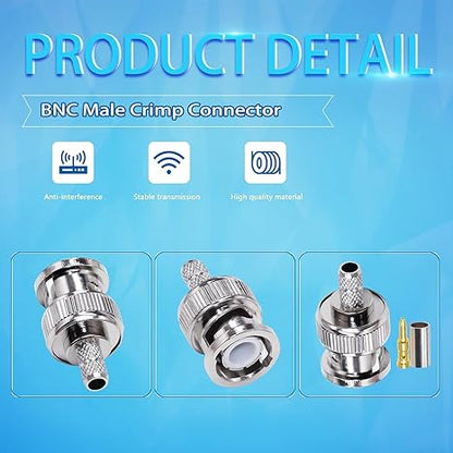 BNC Male Crimp Coaxial Adapter Connector for Cable RG58 -Pack -3