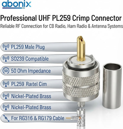 UHF Connector PL259/ RG-316 Male Plug Crimp Coax Adapter  -Pack -3