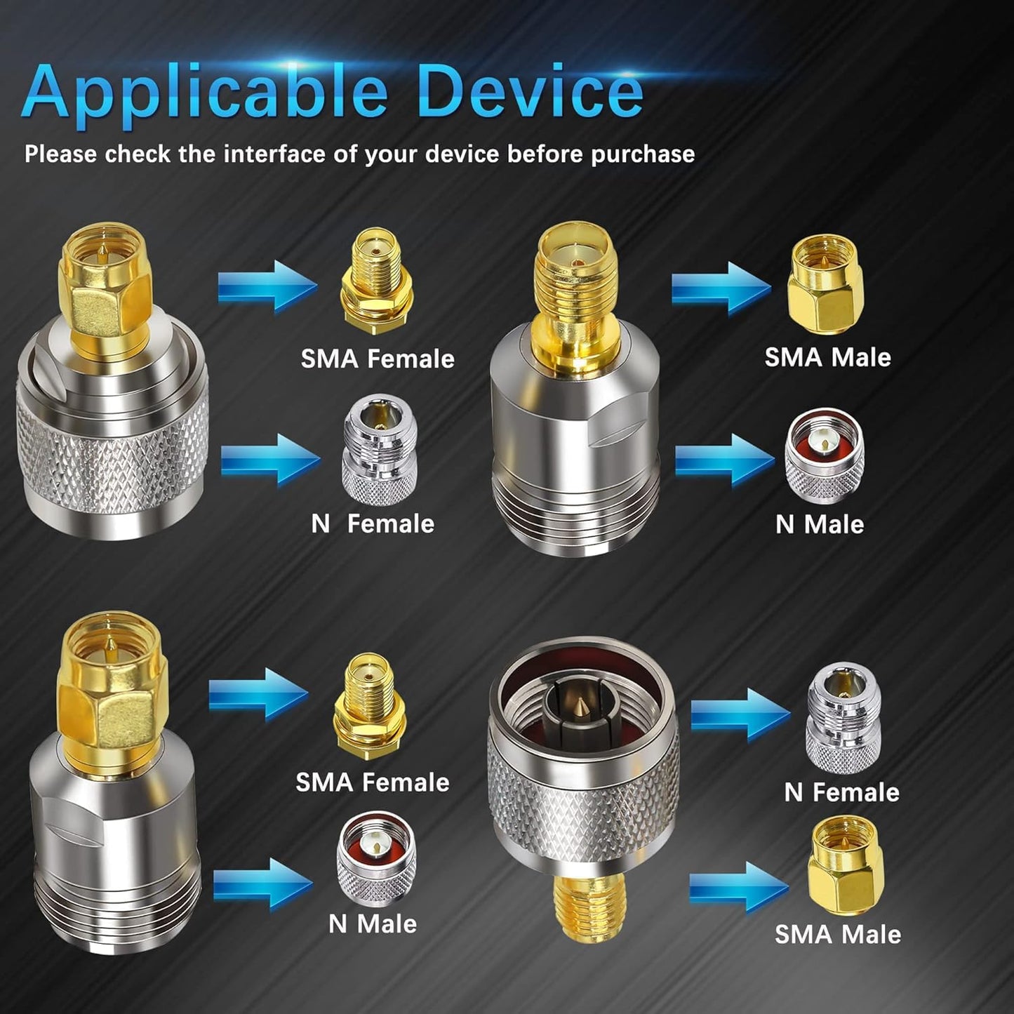 ABONIX N Male/Female to SMA Male/Female RF Coax Adapter Kit- Pack - 4