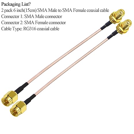 RG316 SMA Coax Cable, 6inch (15cm) SMA Male to SMA Female Pigtail Coaxial Cable -Pack -1
