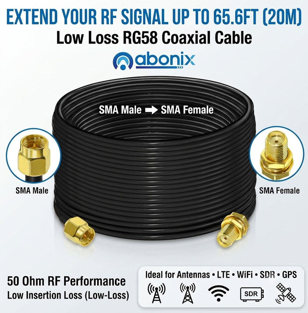 ABONIX RG58 SMA Male to SMA Female Coaxial Extension Cable (20M / 65.6ft)- Pack- 1
