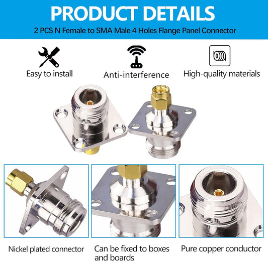N Female to SMA Male 4 Holes Flange Panel Connector Adapter (Pack of 1)