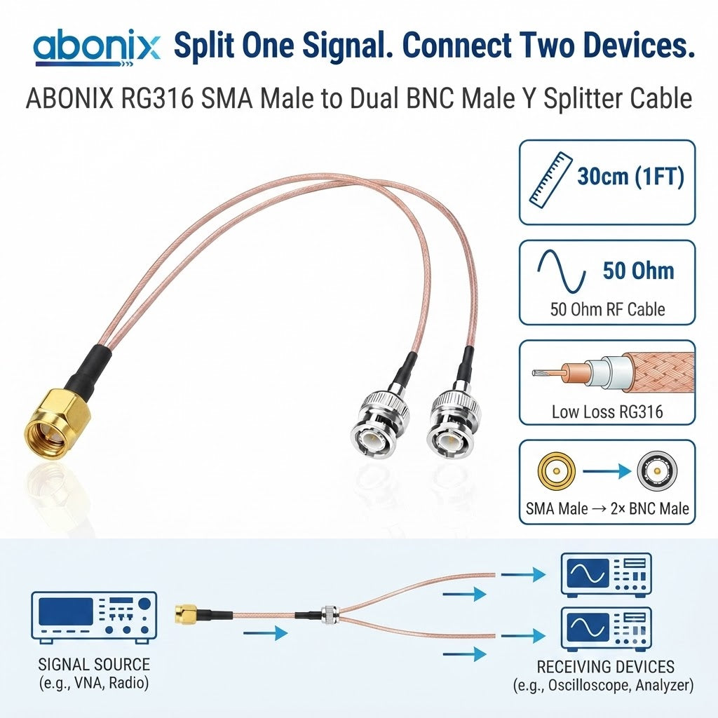 RG316 SMA Male to 2 BNC Male Y Splitter RF Coaxial Cable 30cm (1FT)