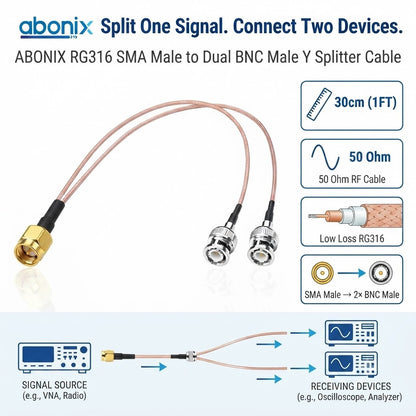 RG316 SMA Male to 2 BNC Male Y Splitter RF Coaxial Cable 30cm (1FT)